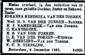 Johanna Hendrika van der Torre 1852 overlijdensadvertentie