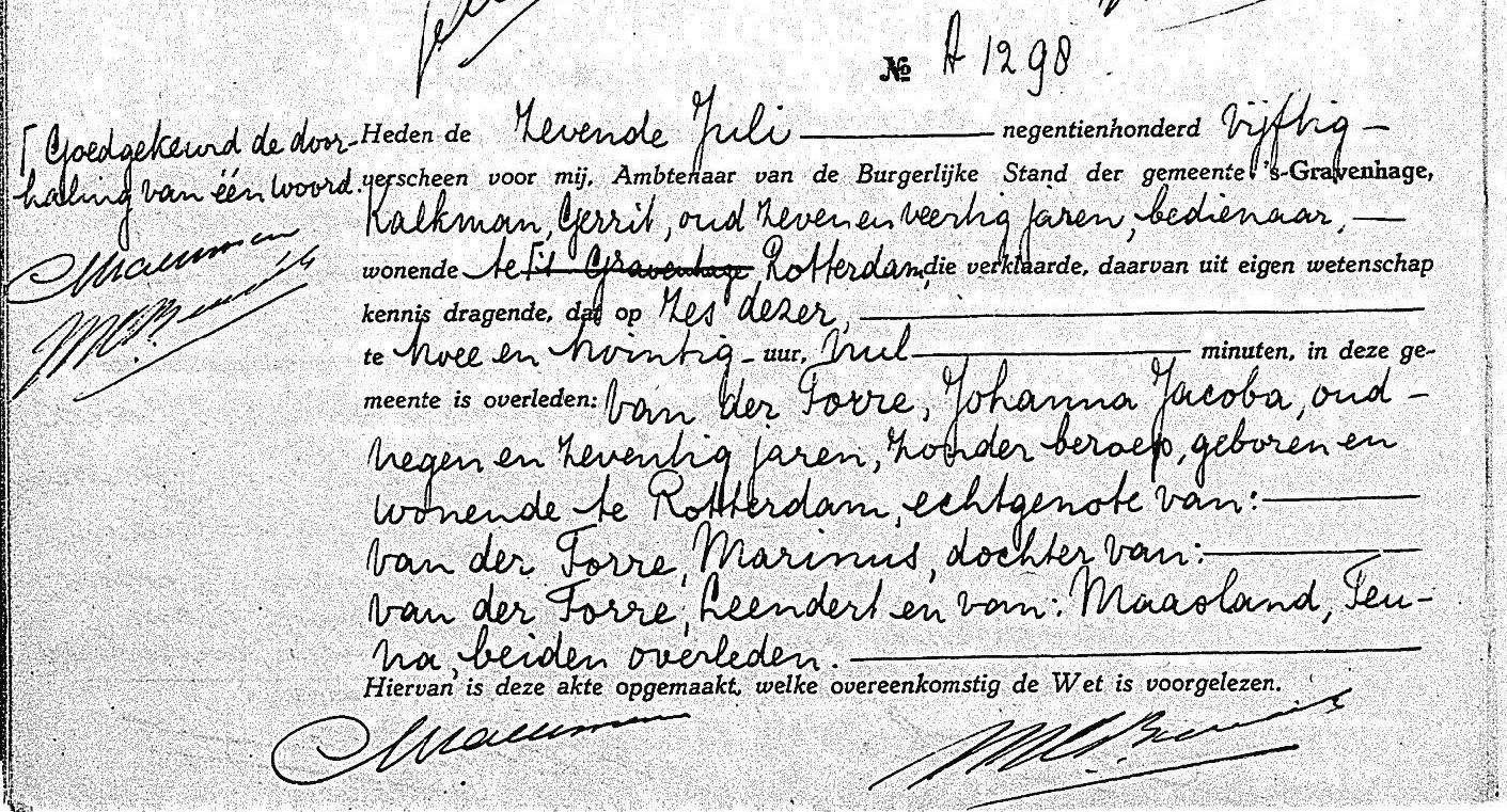 Johanna Jacoba van der Torre 1871 overlijdensakte