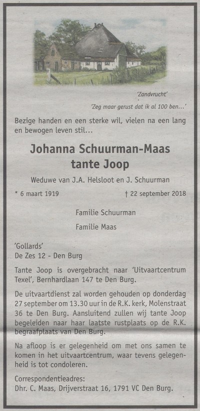 Johanna Maas overlijdensadvertentie