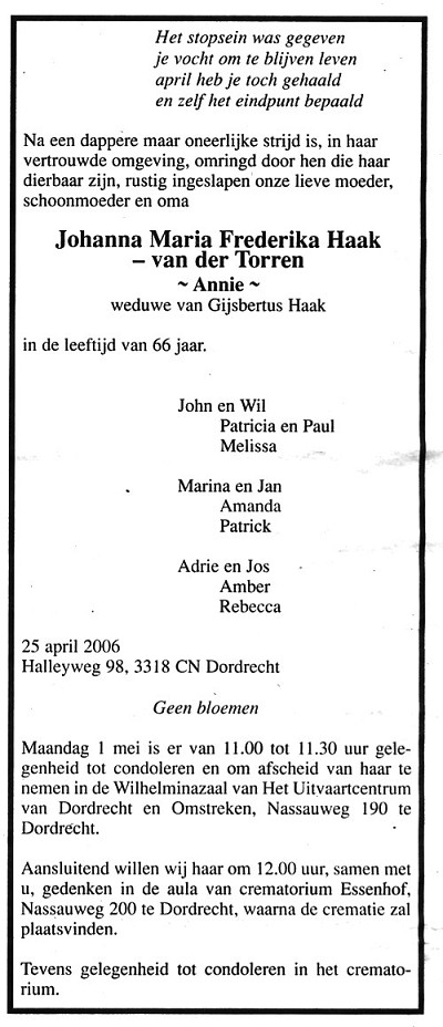 Johanna Maria Frederika van der Torren overlijdensadvertentie