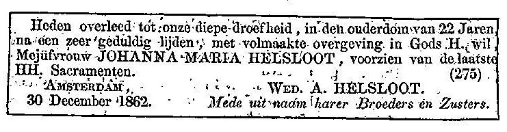 Johanna Maria Helsloot 1840 overlijdensadvertentie
