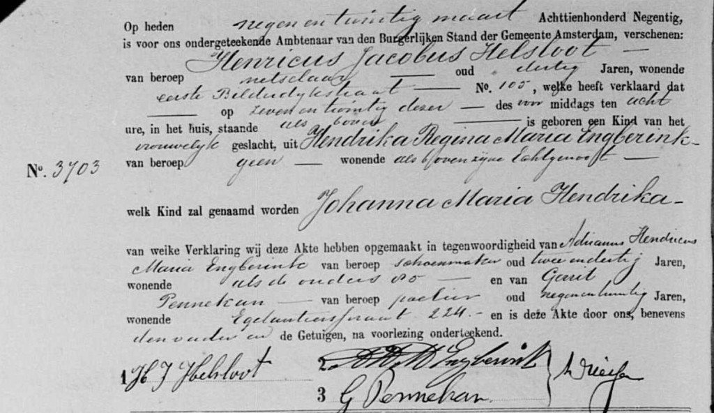 Johanna Maria Hendrika Helsloot 1890 geboorteakte