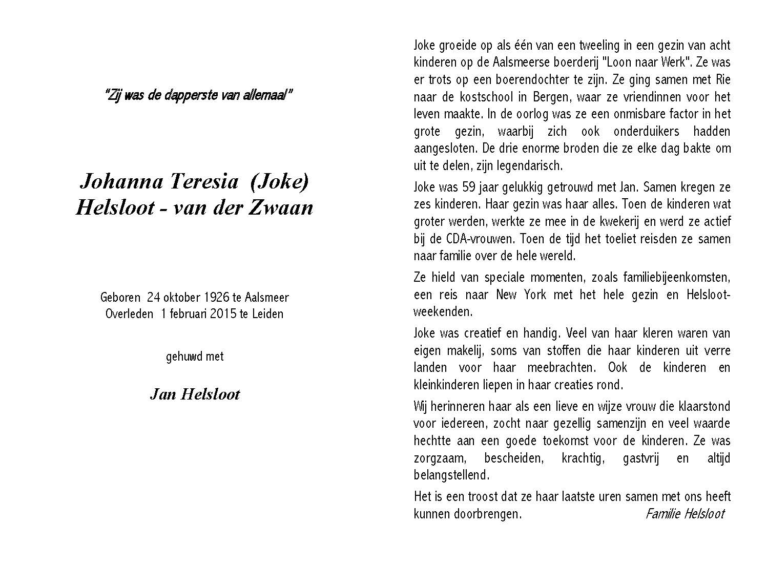 Johanna Theresia van der Zwaan bidprentje II
