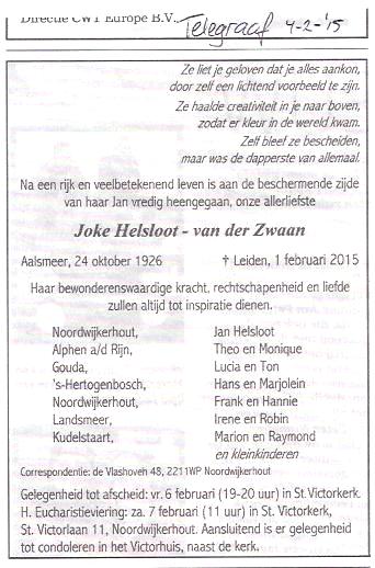 Johanna Theresia van der Zwaan overlijdensadvertentie II