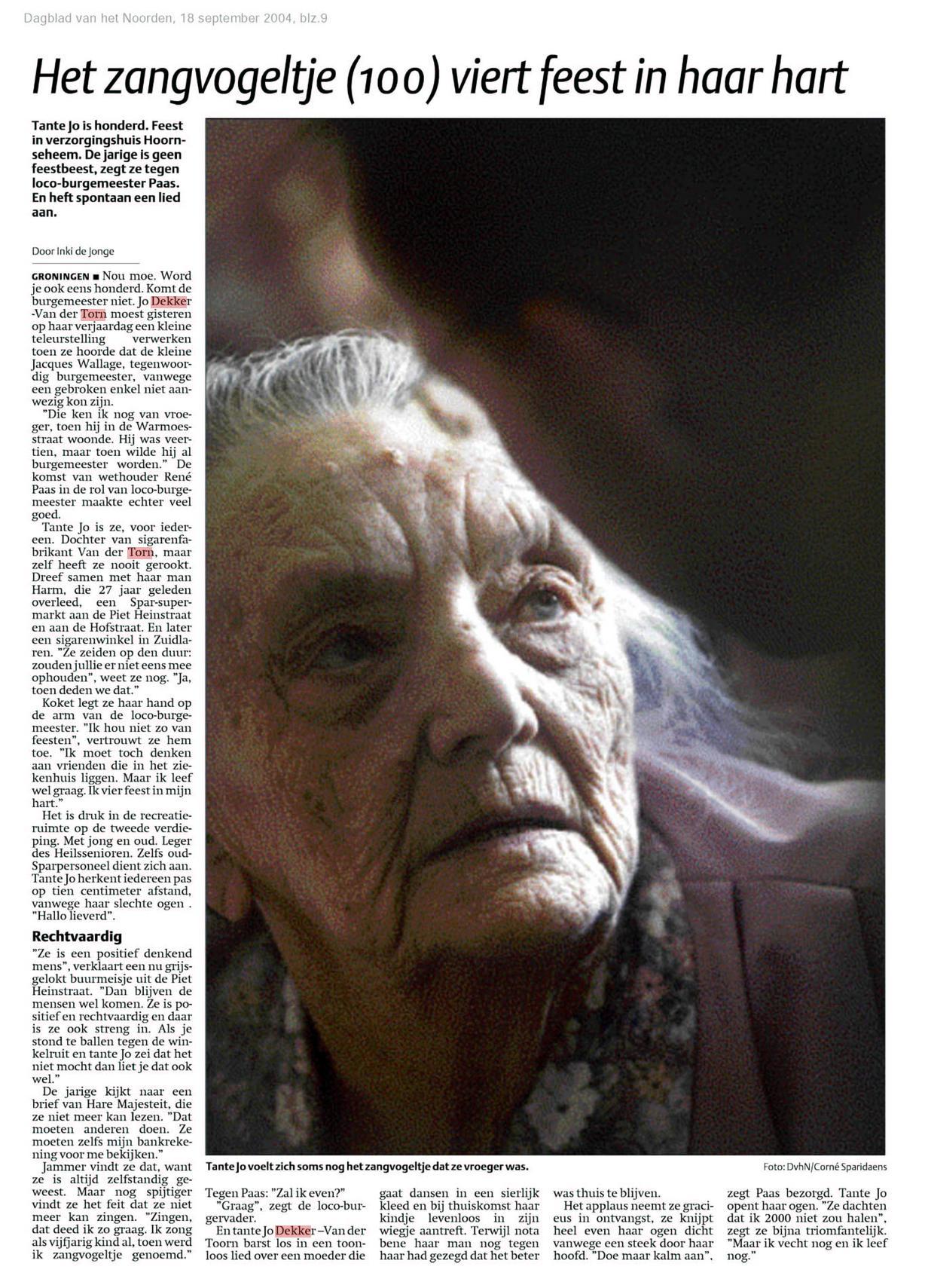 Johanna van der Torn 100 jaar ; Dagblad van het Noorden 18-9-2004