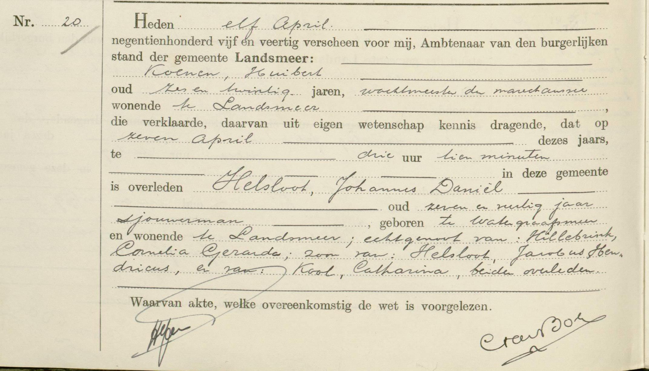 Johannes Daniël Helsloot 1897 overlijdensakte
