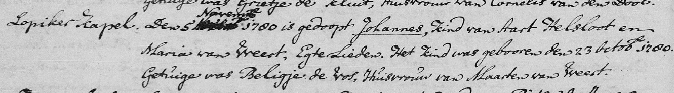 Johannes Helsloot 1780 doopboek