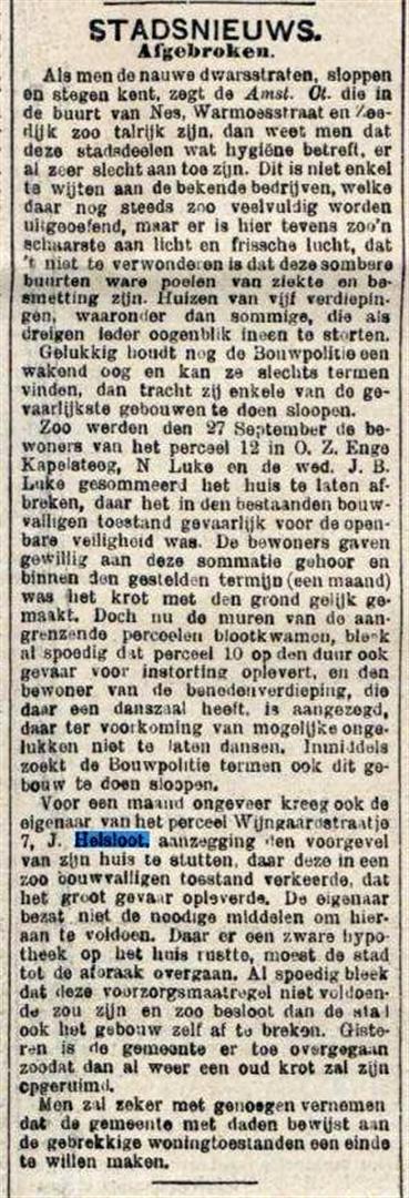 Johannes Helsloot 1838 sloop Wijngaardstraat ; De Tijd 13-11-1898
