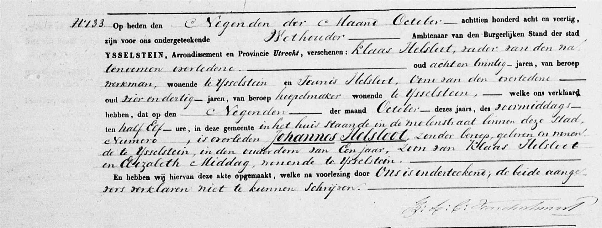 Johannes Helsloot 1847 overlijdensakte