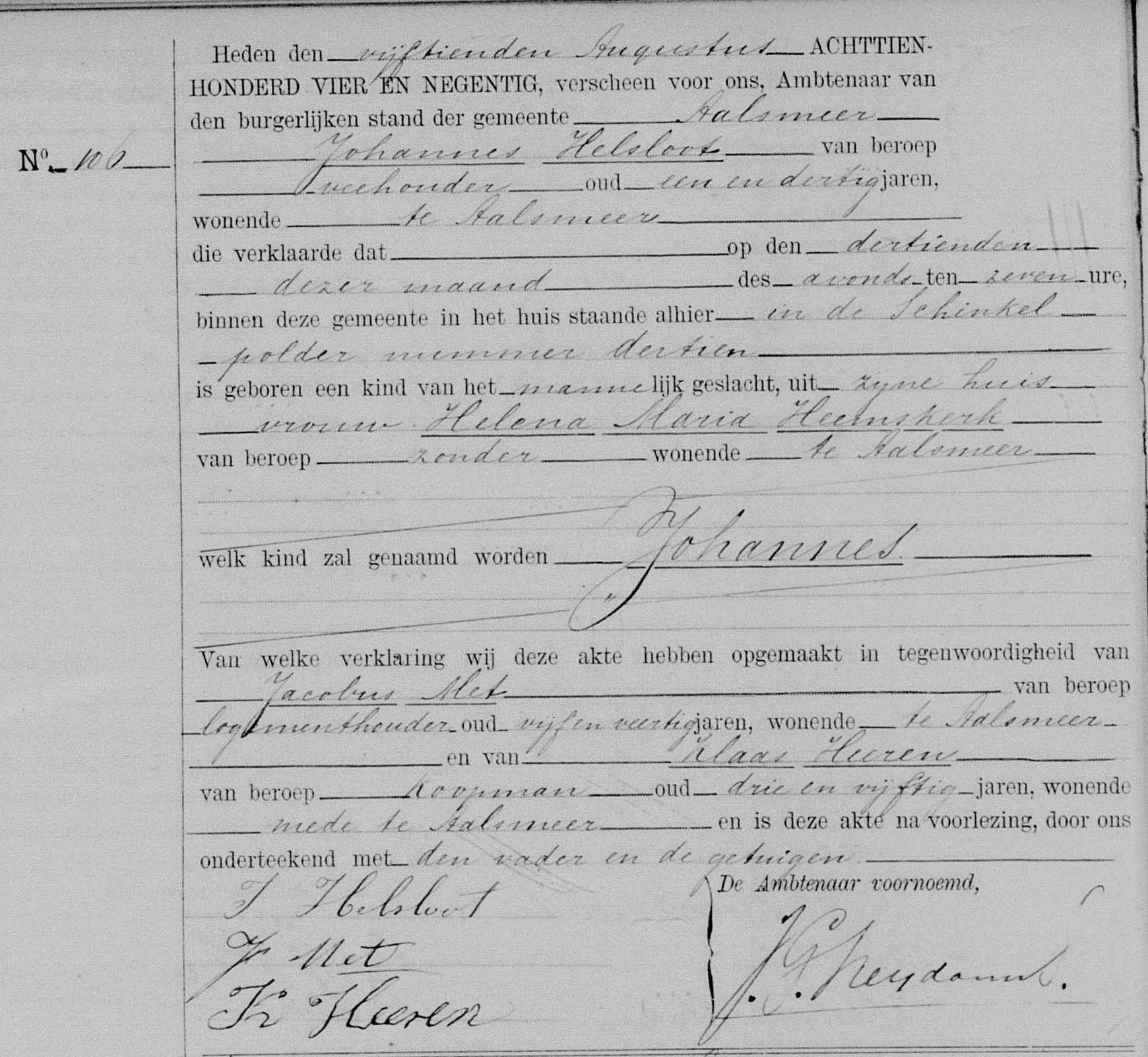 Johannes Helsloot 1894 geboorteakte