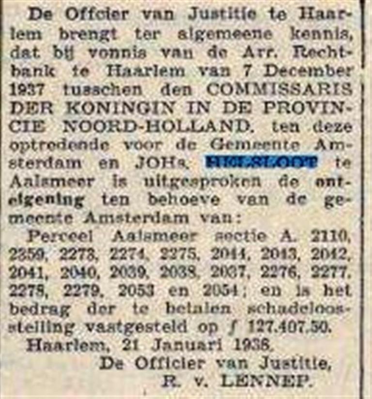 Johannes Helsloot 1894 onteigening ; Algemeen Handelsblad  24-1-1938