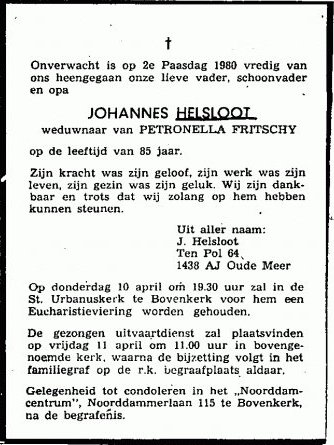 Johannes Helsloot 1894 overlijdensadvertentie