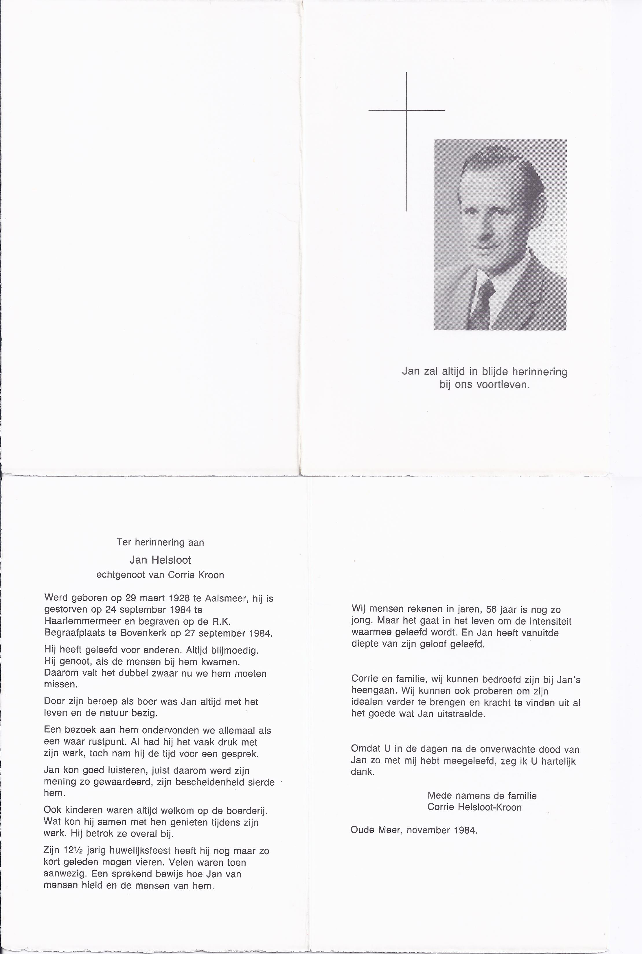 Johannes Helsloot 1928 bidprentje