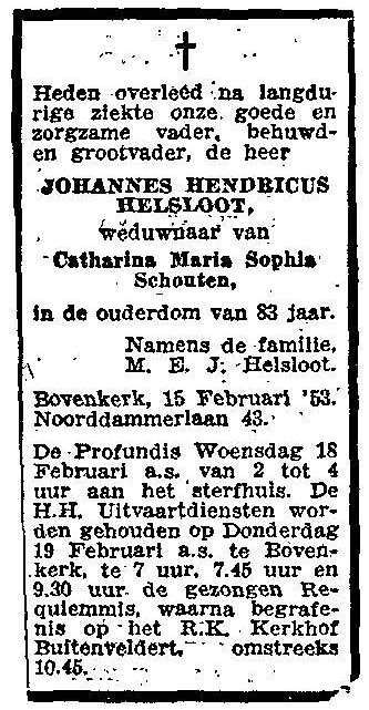 Johannes Hendricus Helsloot 1869 overlijdensadvertentie