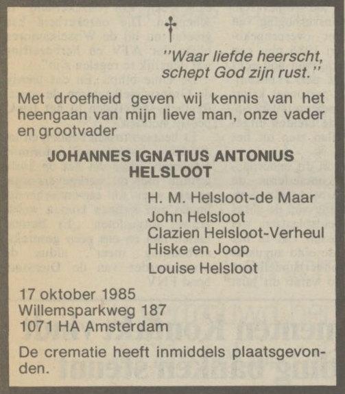 Johannes Ignatius Antonius Helsloot 1897 overlijdensadvertentie