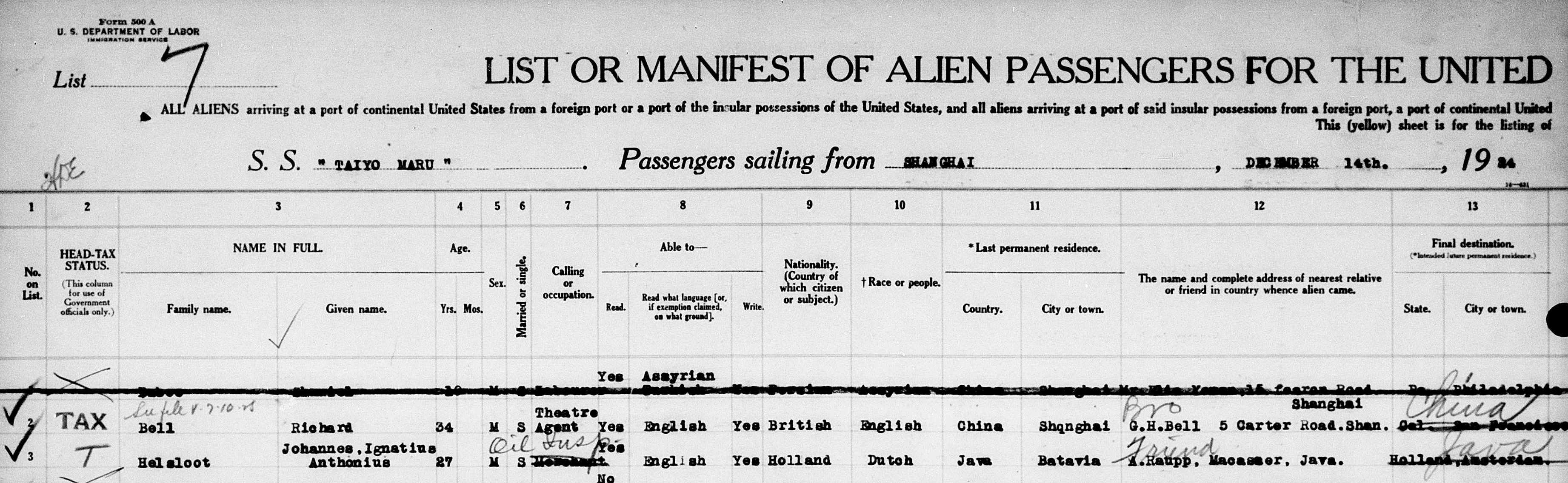 Johannes Ignatius Antonius Helsloot 1897 passagierslijst 1924 naar San Francisco