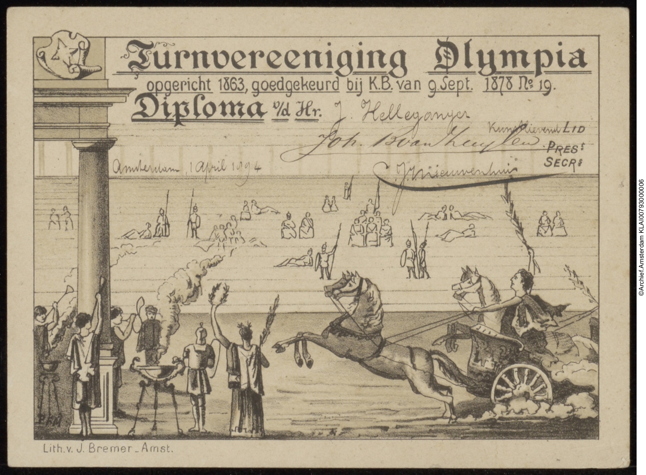 Johannes Jacobus Antonius Helleganger 1856 diploma kunstlievend lid turnverenigin Olympia (1894)