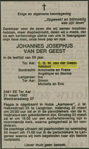 Johannes Josephus van der Geest overlijdensadvertentie