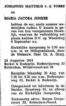 Johannes Matthijs van der Torre 1919 huwelijksadvertentie