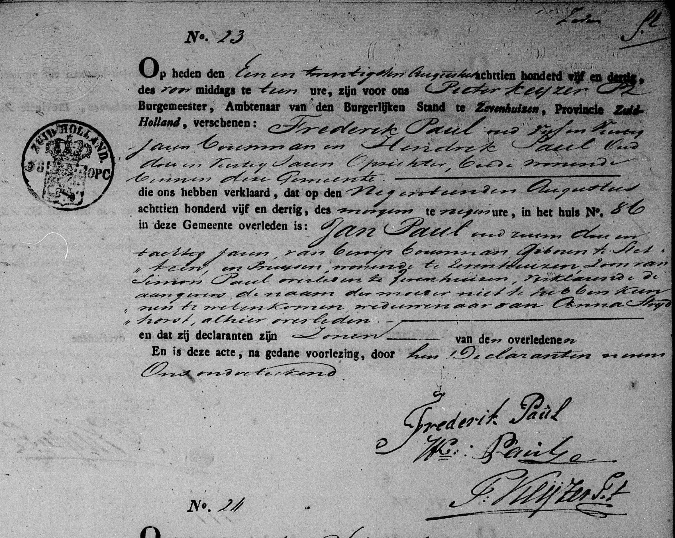 Johannes Paulusz Paul overlijdensakte