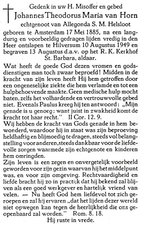 Johannes Theodorus Maria van Horn bidprentje