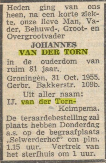 Johannes van der Torn 1874 overlijdensadvertentie