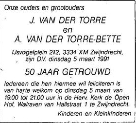 Johannes van der Torre 6-9-1921 huwelijkjublieumadvertentie
