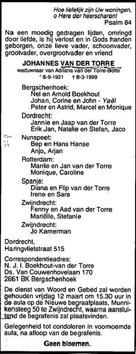 Johannes van der Torre 6-9-1921 overlijdensadvertentie