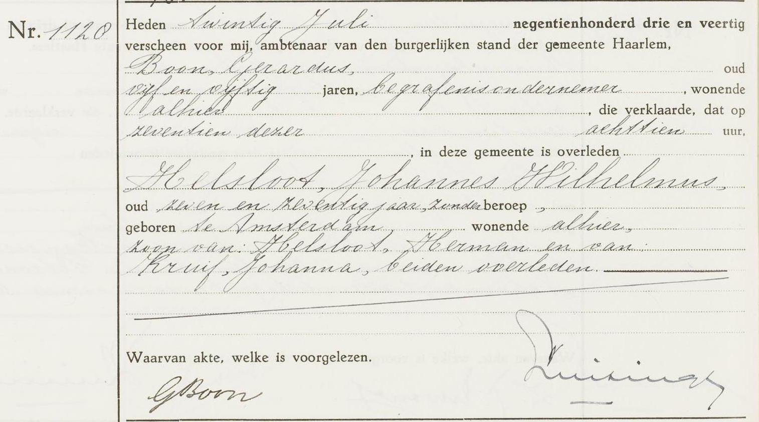 Johannes Wilhelmus Helsloot 1866 overlijdensakte