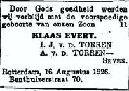 Klaas Evert van der Torren 1926 geboorteadvertentie