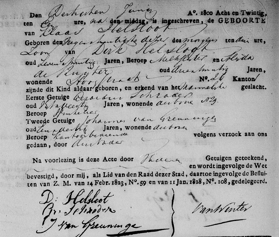 Klaas Helsloot 1828 geboorteakte
