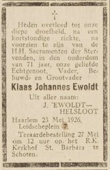 Klaas Johannes Ewoldt overlijdensadvertentie