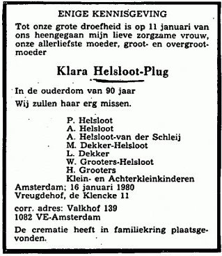 Klara Plug overlijdensadvertentie