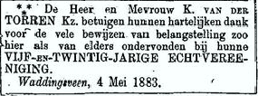 Kors van der Torren 1824 huwelijksjubileumadvertentie II