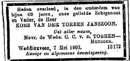 Kors van der Torren 1834 overlijdensadvertentie