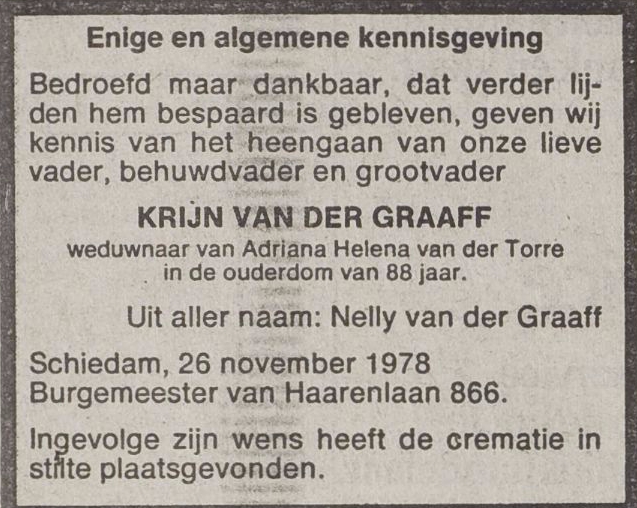 Krijn van der Graaff overlijdensadvertentie