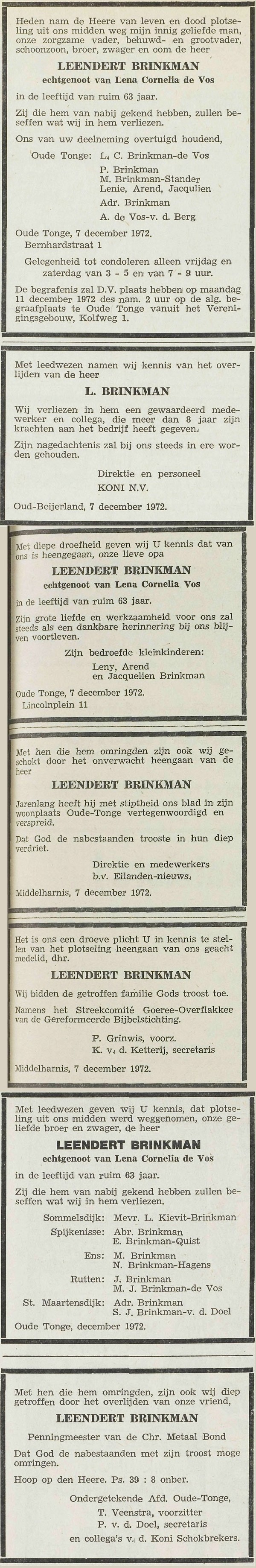Leendert Brinkman 1909 overlijdensadvertentie