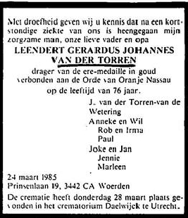 Leendert Gerardus Johannes van der Torren 1909 overlijdensadvertentie