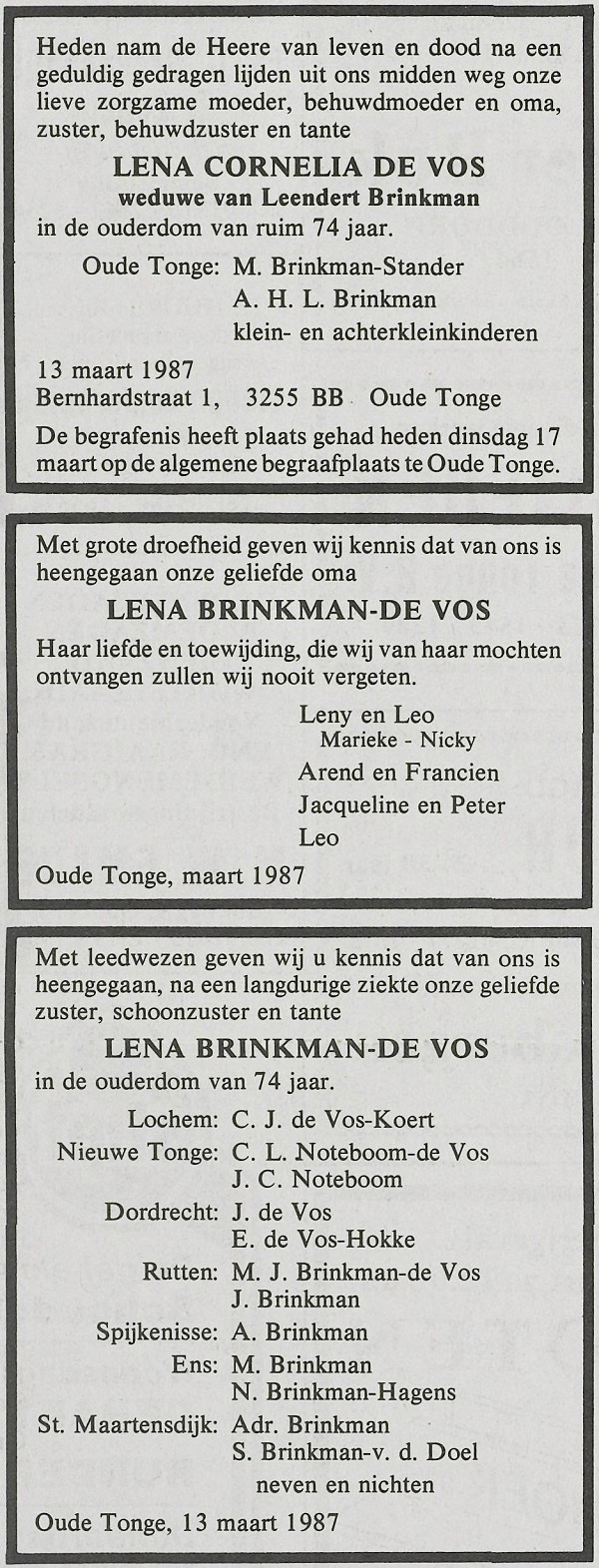 Lena Cornelia de Vos overlijdensadvertentie