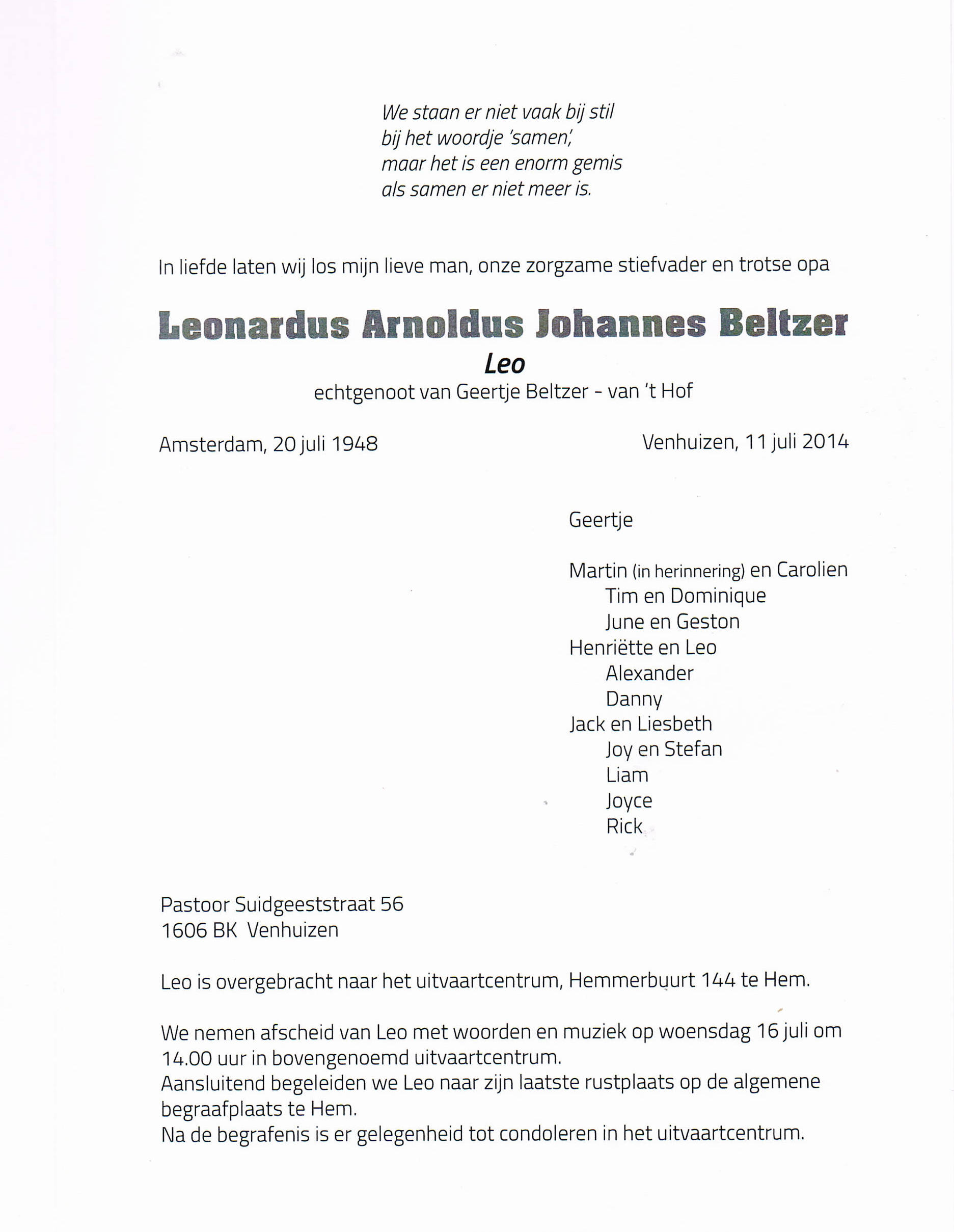 Leonardus Arnoldus Johannes Beltzer rouwkaart II