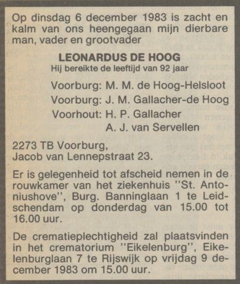 Leonardus de Hoog overlijdensadvertentie