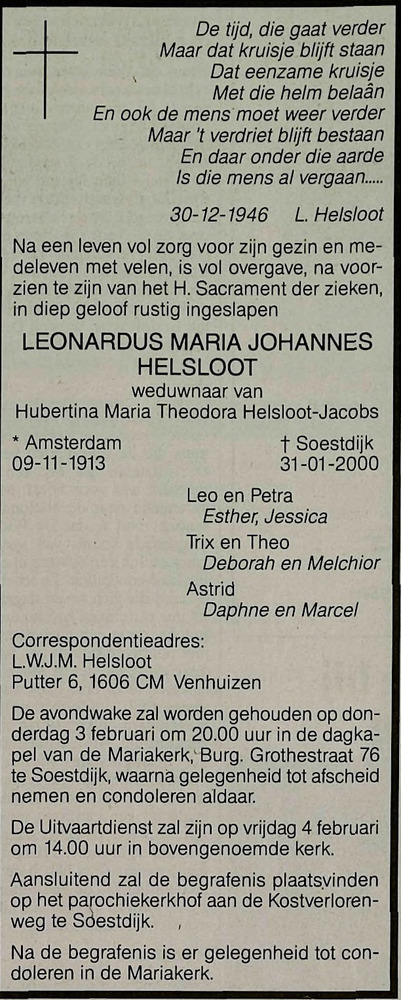 Leonardus Maria Johannes Helsloot 1913 overlijdensadvertentie