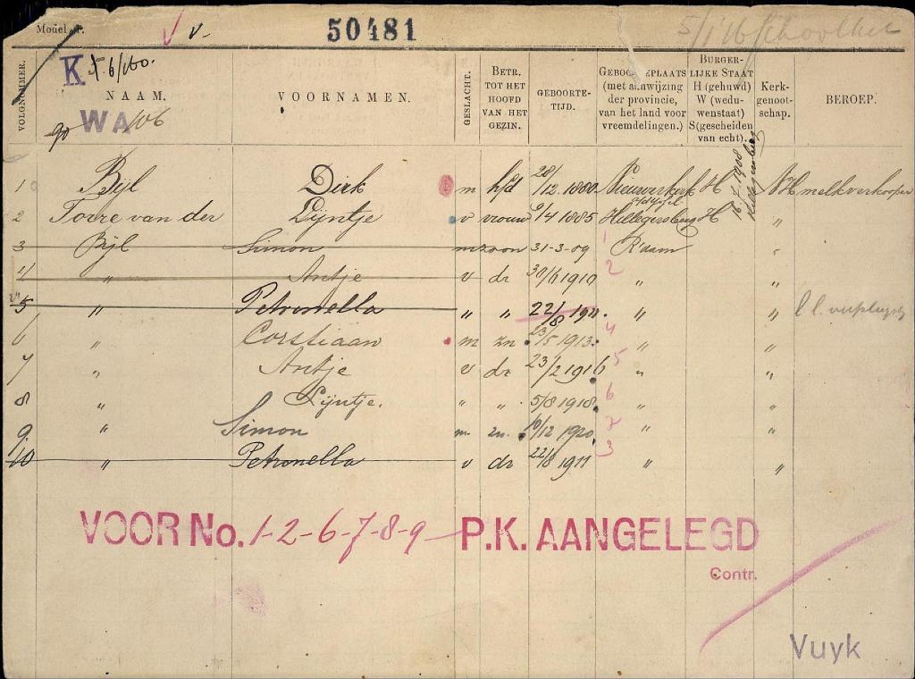 Lijntje van der Torre 1885 gezinskaart I