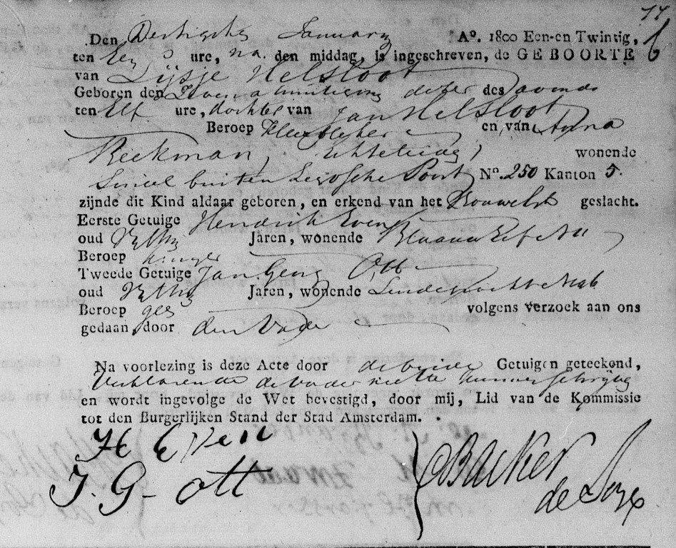 Lijsje Helsloot 1821 geboorteakte
