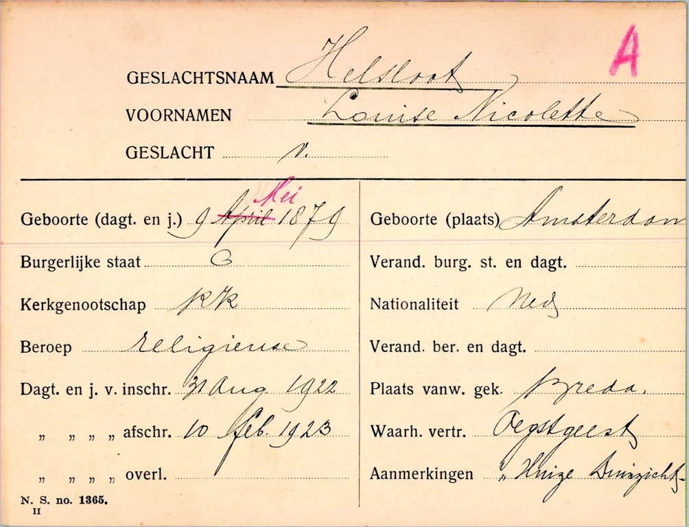 Louise Nicolette Helsloot 1879 dienstbodekaart