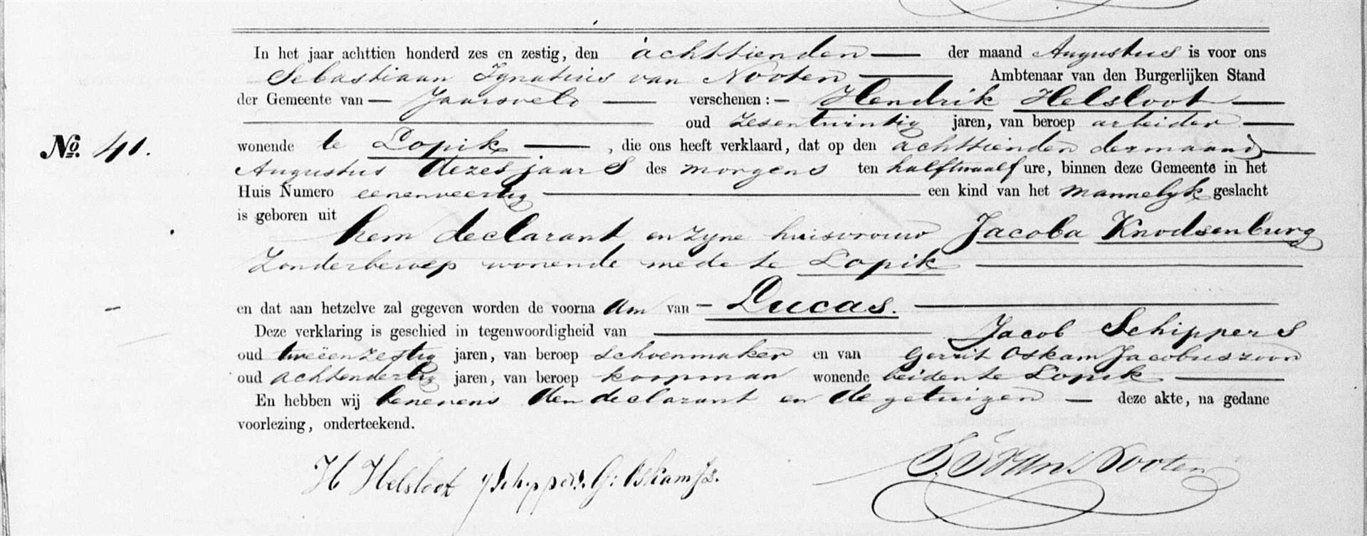 Lucas Helsloot 1866 geboorteakte