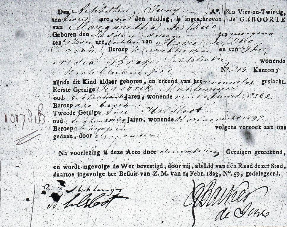Margaretha le Duc geboorteakte