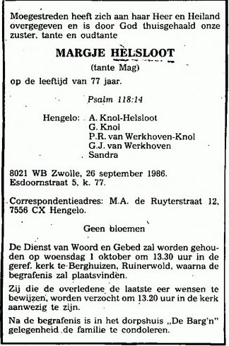 Margje Helsloot 1909 overlijdensadvertentie