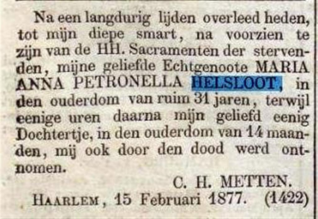 Maria Anna Petronella Helsloot 1845 overlijdensadvertentie