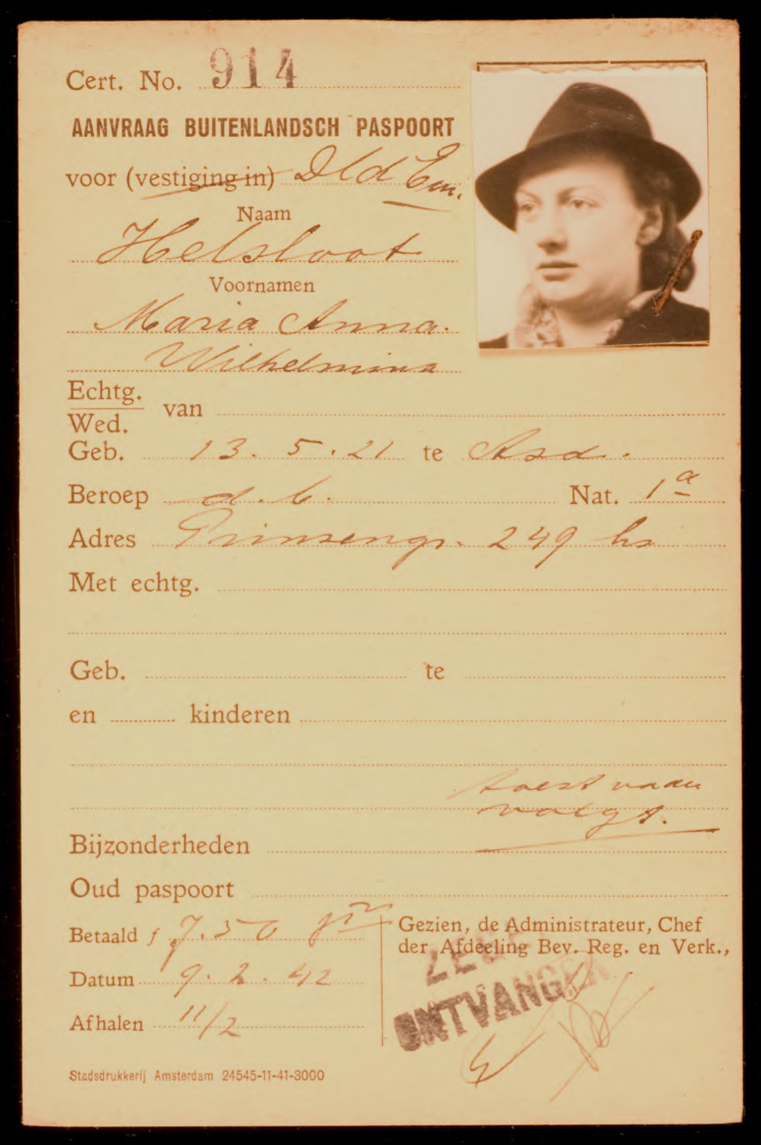 Maria Anna Wilhelmina Helsloot 1921 paspoort I